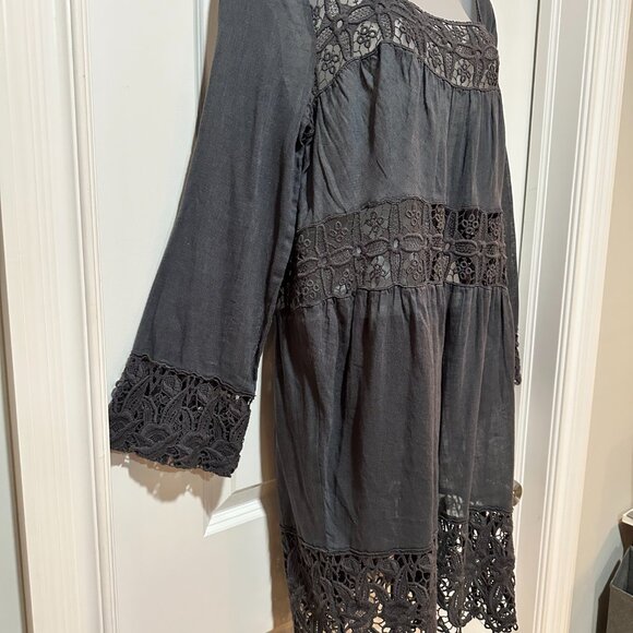 Free People Linen/Cotton Charcoal Gray Dress w/Embroidered Trim Size L - Picture 6 of 16
